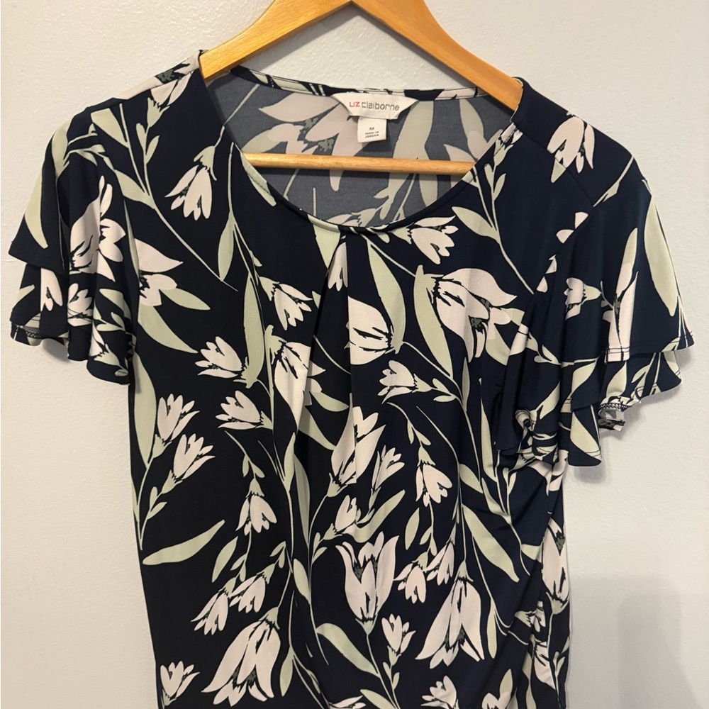 Liz Claiborne Navy Blue Blouse with Cream Floral Print, Size Medium